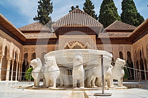 Court of the Lions or Patio de los Leones from 1377-1390 years - beautifull rectangular courtyard in Alhambra complex, Granada, photo