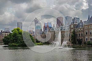 Court pond and urban skyline of The Hague