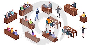 Court process courtroom hearing, isometric icons