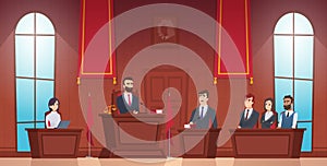 Court room. Judge in courtroom police officer characters of jury inside evidence vector picture