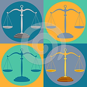 Court scales set. Justice balance symbols and lawyers equality signs photo