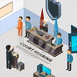 Court session banners. Law process in judicial defendant police and crime interrogation isometric symbols vector photo