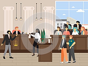 Court session in the courtroom, flat vector illustration. Legal trial with judge, jury, lawyers, security guard criminal