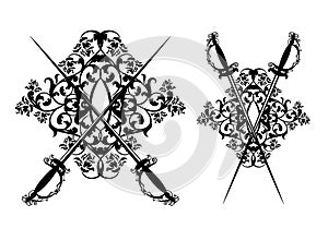 Court sword with rose flower decor black and white vector design