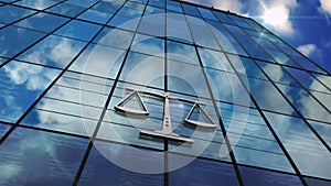 Court with a symbol of weight glass skyscraper with mirrored sky loop animation