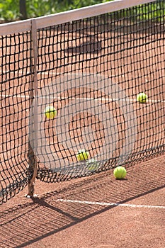 Court, tennis balls and net closeup