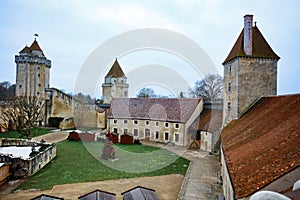 Court, tower walls and Christmas tree of Blandy-les-Tours castle