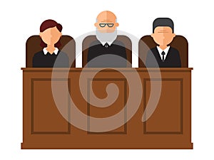 Court trial vector illustration. Courtroom interior with judges and lawyer. Law and criminal, crime and justice in