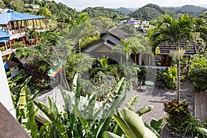 Court yard of Bob Marley Museum with Hilly mountain side Nine Miles Jamaica