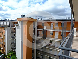 court yard of condominium building with Intensive green roof below 