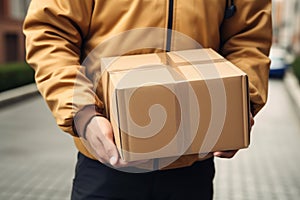 Courteous Hands delivery man parcel. Generate Ai photo