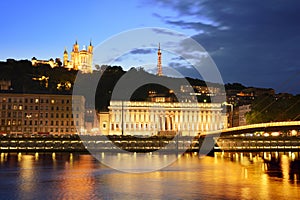 Courthouse and basilica at Lyon with citylights, France