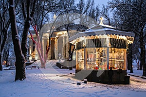 Courthouse and gazebo in the snow