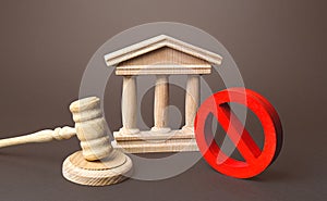 Courthouse and red prohibition sign NO. Implementation of laws restrictions and prohibition. Fines and penalties for rules