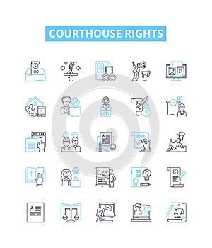 Courthouse rights vector line icons set. Lawyer, Garnishment, Due, Process, Courtroom, Liability, Equity illustration