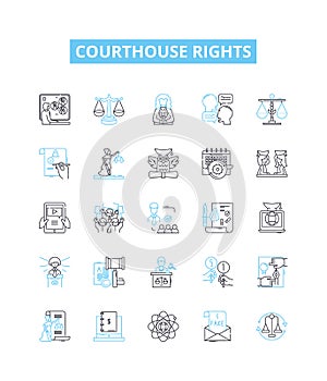 Courthouse rights vector line icons set. Lawyer, Garnishment, Due, Process, Courtroom, Liability, Equity illustration