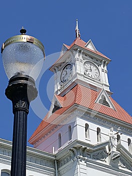 Courthouse steeple and lightpole