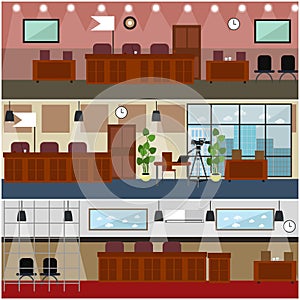 Courtroom interior concept vector flat poster set