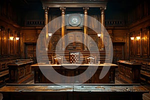 Courtroom interior with hardwood furniture and wooden benches, chairs