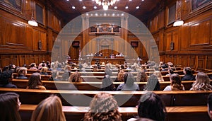 Courtroom interior with judge, jury, and legal professionals in session during a legal proceeding