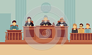 Courtroom interior with judges and lawyer. Justice and law vector concept