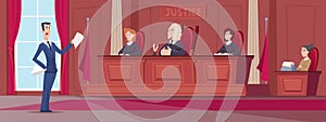 Courtroom. Judges in uniform sitting at court lawyers workers at table exact vector cartoon background