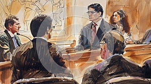 A courtroom sketch artist captures the facial expressions of the defendant and their lawyer during a trial