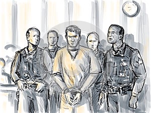 Courtroom Trial Sketch of Convicted Defendant Convict Accompanied by Bailiff Police Officer Drawing