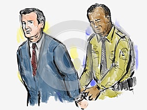 Courtroom Trial Sketch of Convicted Defendant Convict Handcuffed by Bailiff Police Officer Drawing photo