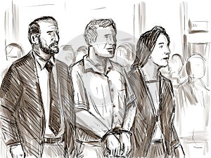 Courtroom Trial Sketch of Convicted Defendant Convict With Lawyer During Sentencing Hearing Drawing photo