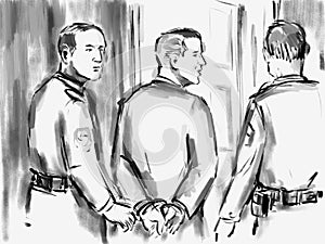 Courtroom Trial Sketch of Convicted Defendant Convict Led Out by Bailiff Police Officer Drawing photo