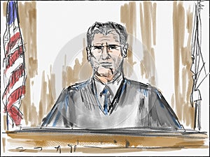 Courtroom Trial Sketch Showing an American Judge Sitting on Bench Inside Court of Law