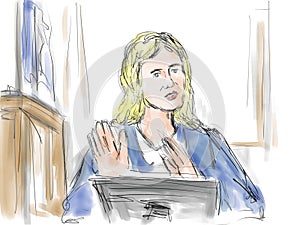 Courtroom Trial Sketch Showing a Female Defendant Plaintiff Witness on Stand In Court of Law photo