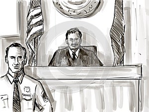 Courtroom Trial Sketch Showing Judge with Bailiff Inside Court of Law Drawing