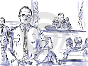 Courtroom Trial Sketch Showing Judge with Bailiff Inside Court of Law Drawing