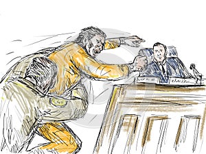 Courtroom Trial Sketch Showing Judge Lawyer Defendant Plaintiff Witness and Jury Inside Court of Law