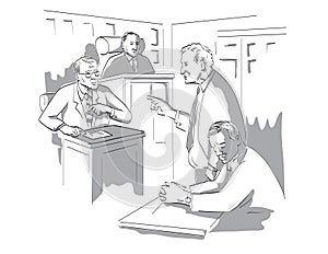 Courtroom Trial Sketch Showing Judge Lawyer Defendant Plaintiff Witness and Jury Inside Court of Law photo
