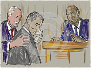 Courtroom Trial Sketch Showing Judge Lawyer Defendant Plaintiff Witness and Jury Inside Court of Law