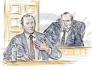 Courtroom Trial Sketch Showing Judge Lawyer Defendant Plaintiff Witness and Jury Inside Court of Law