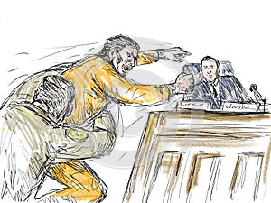 Courtroom Trial Sketch Showing Judge Lawyer Defendant Plaintiff Witness and Jury Inside Court of Law photo