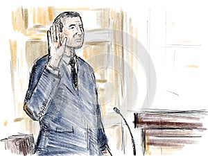 Courtroom Trial Sketch Showing Judge Lawyer Defendant Plaintiff Witness and Jury Inside Court of Law