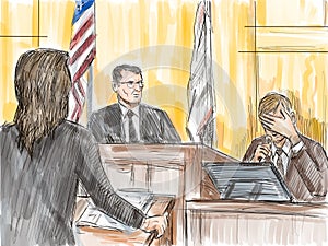 Courtroom Trial Sketch Showing Judge Lawyer Defendant Plaintiff Witness Testifying Inside Court of Law