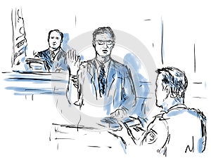 Courtroom Trial Sketch Showing Judge and a Male Witness on Stand Taking Oath Sworn In Court of Law