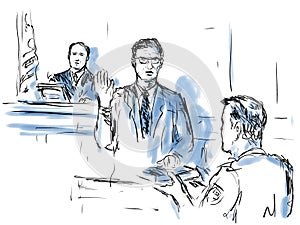 Courtroom Trial Sketch Showing Judge and a Male Witness on Stand Taking Oath Sworn In Court of Law photo