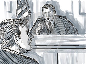 Courtroom Trial Sketch Showing Judge Reprimanding Defendant in Contempt of Court of Law Drawing