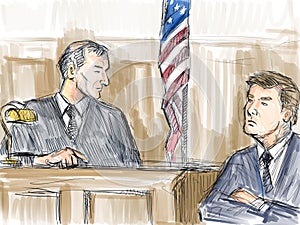 Courtroom Trial Sketch Showing Judge Reprimanding Defendant Plaintiff Witness Inside Court of Law