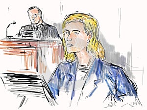 Courtroom Trial Sketch Showing Judge and Young Female Defendant Plaintiff Witness on Stand In Court of Law photo