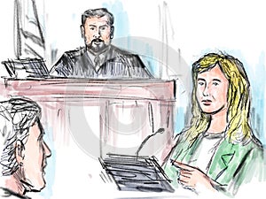 Courtroom Trial Sketch Showing Judge and Young Female Defendant Plaintiff Witness on Stand In Court of Law photo