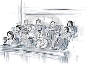 Courtroom Trial Sketch Showing a Jury of Twelve 12 Juror Inside Court of Law