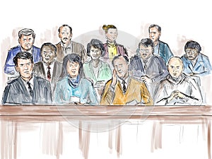 Courtroom Trial Sketch Showing a Jury of Twelve 12 Juror Inside Court of Law